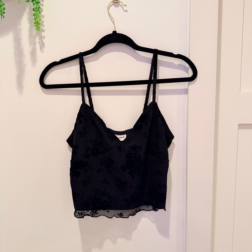 No Boundaries Y2K Black Lace Mesh Lettuce Trim Floral Velvet Women's Cami Size M - Picture 6 of 9
